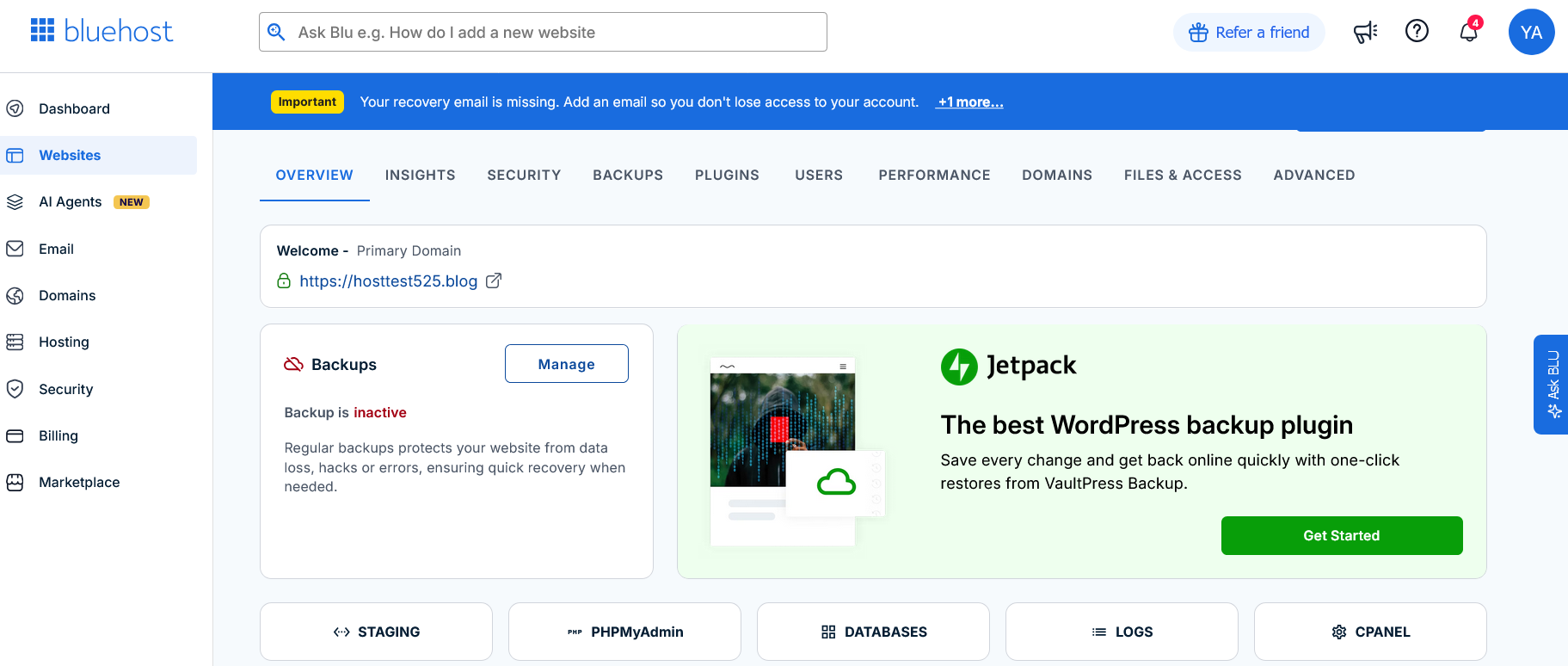 screenshot of Bluehost Websites panel