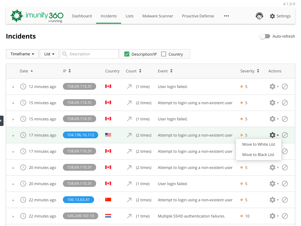 screenshot of Imunify360 dashboard