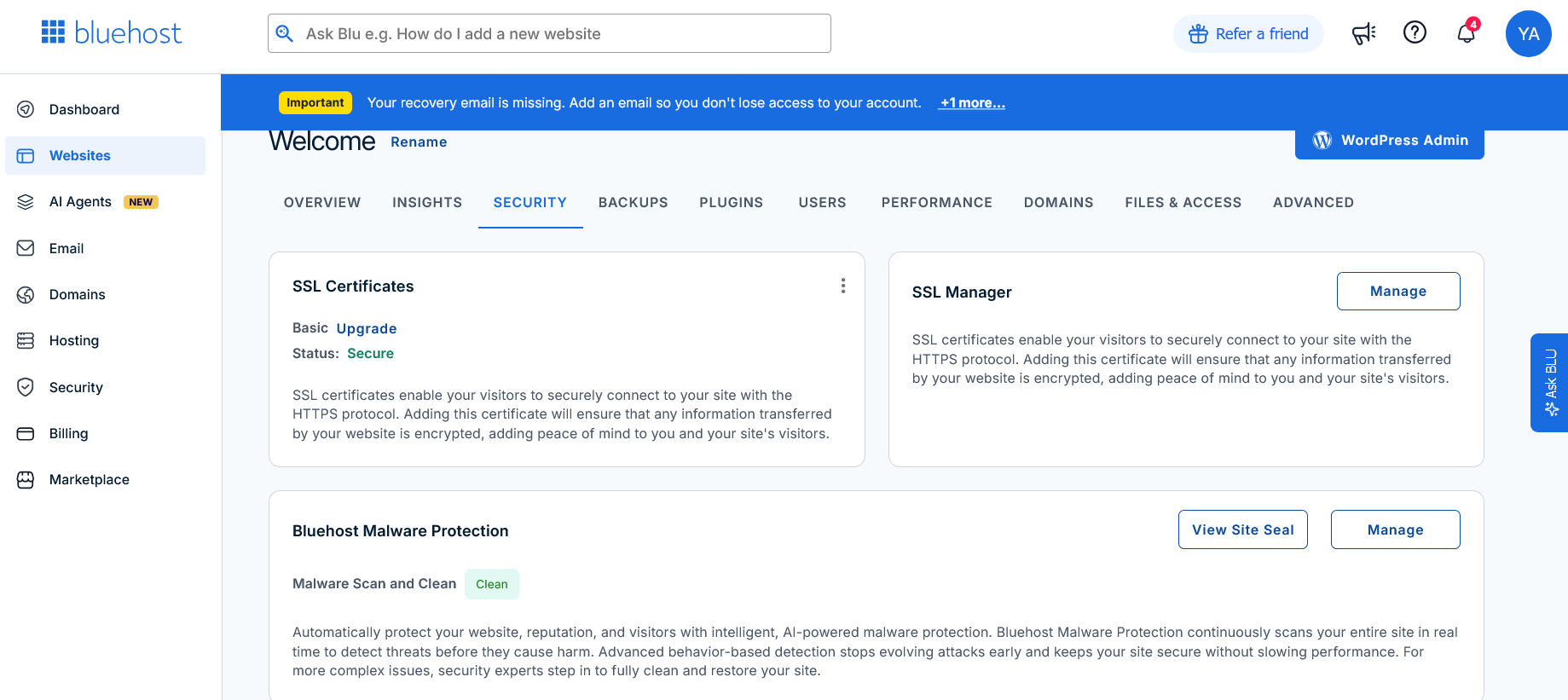 screenshot of Bluehost Website security menu