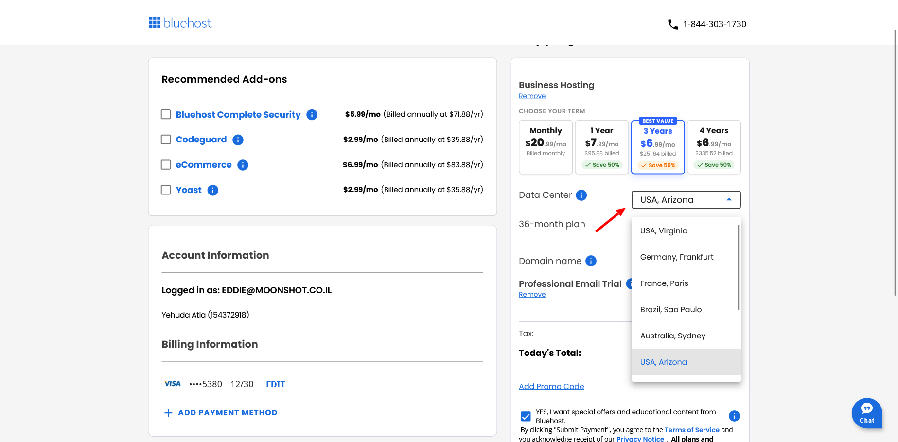 screenshot of Bluehost server locations list