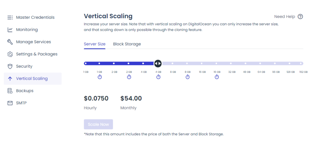 screenshot of Cloudways Vertical Scaling menu