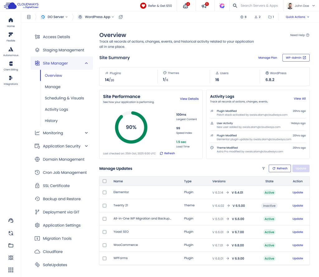 screenshot of Cloudways dashboard