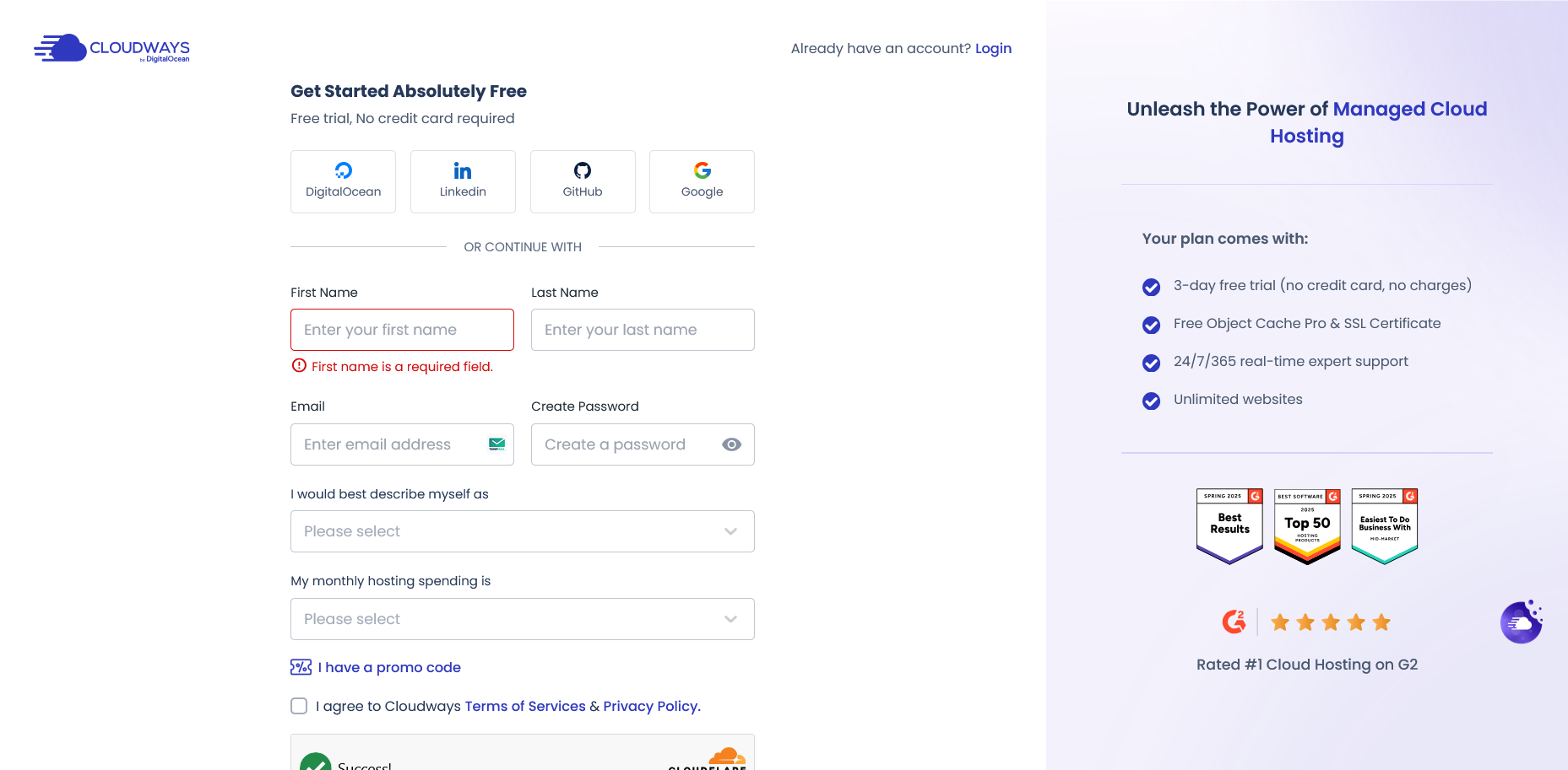 screenshot of Cloudways Sign Up form