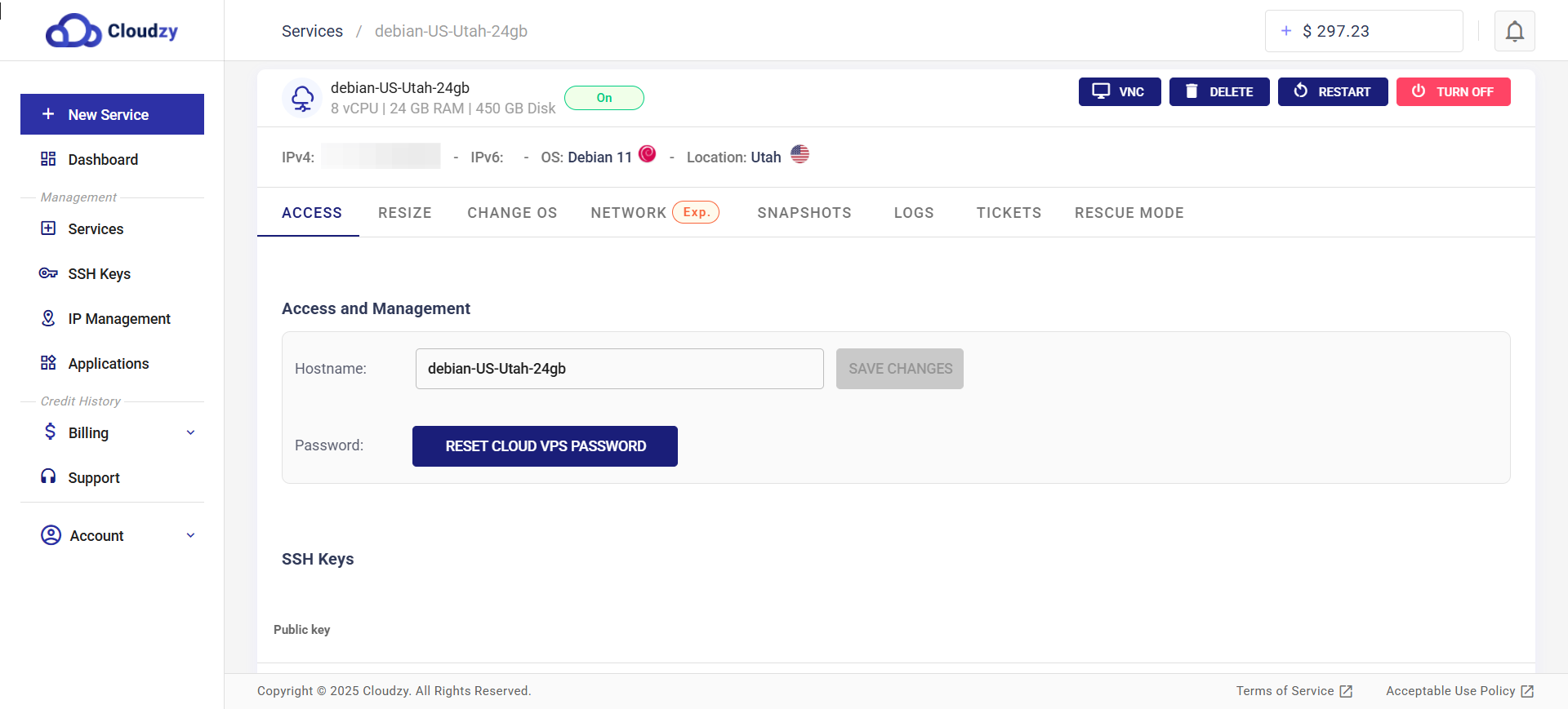 Cloudzy VPS server management panel with start restart turn off and delete controls