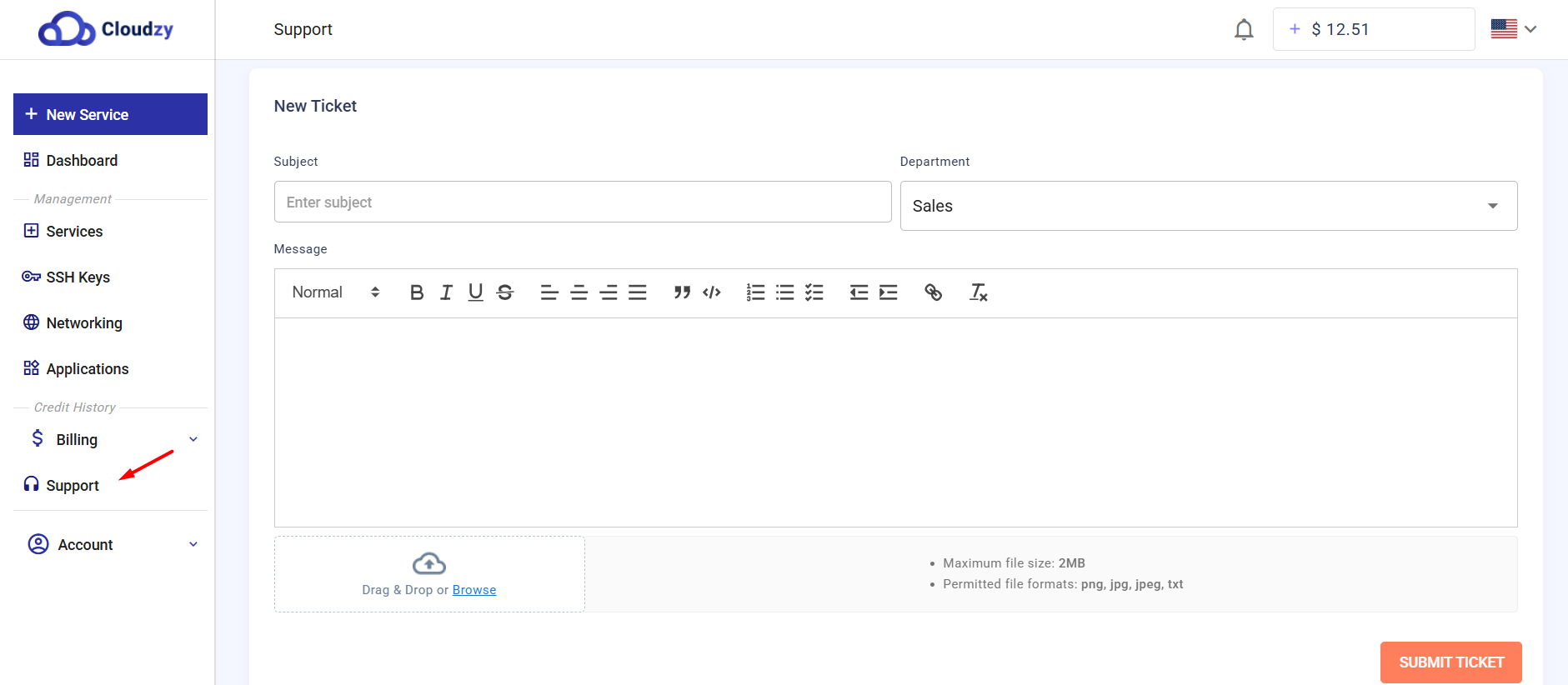 Cloudzy support ticket form in the dashboard
