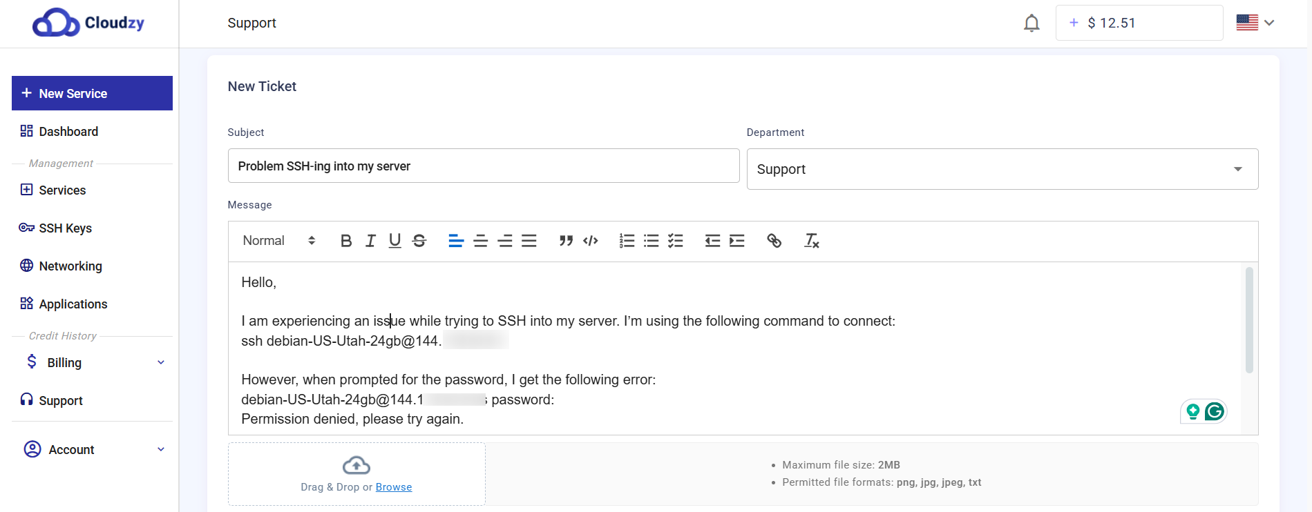Cloudzy support response identifying SSH username issue