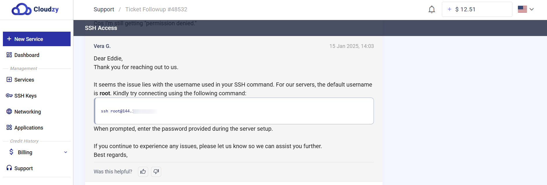 Cloudzy support response with corrected SSH login command