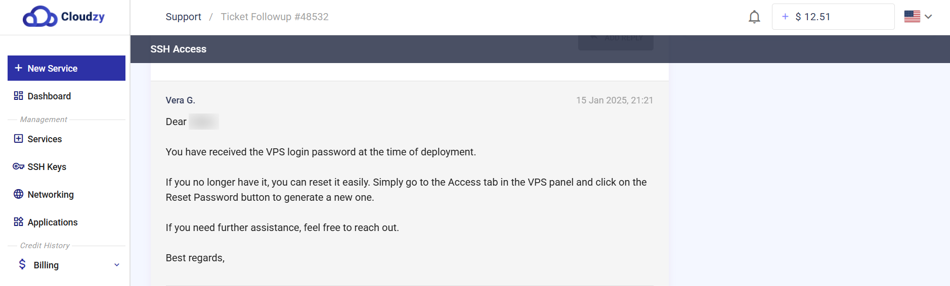 Cloudzy support response explaining VPS password reset process