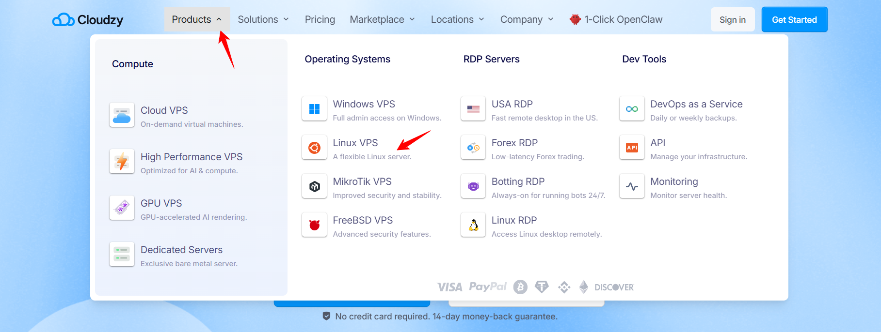 Cloudzy Products dropdown menu showing Linux VPS option