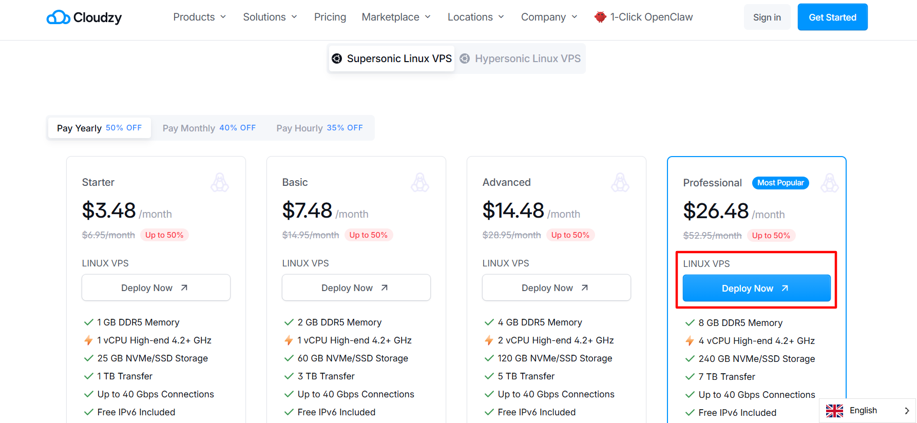 Cloudzy VPS plan selection page with Supersonic and Hypersonic tiers