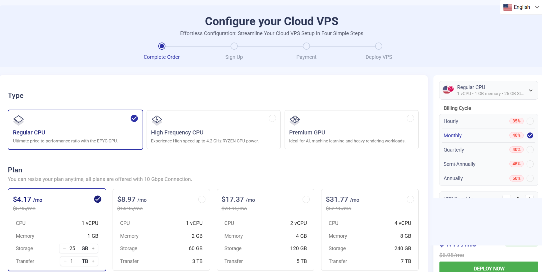 Cloudzy VPS configuration page showing CPU type options