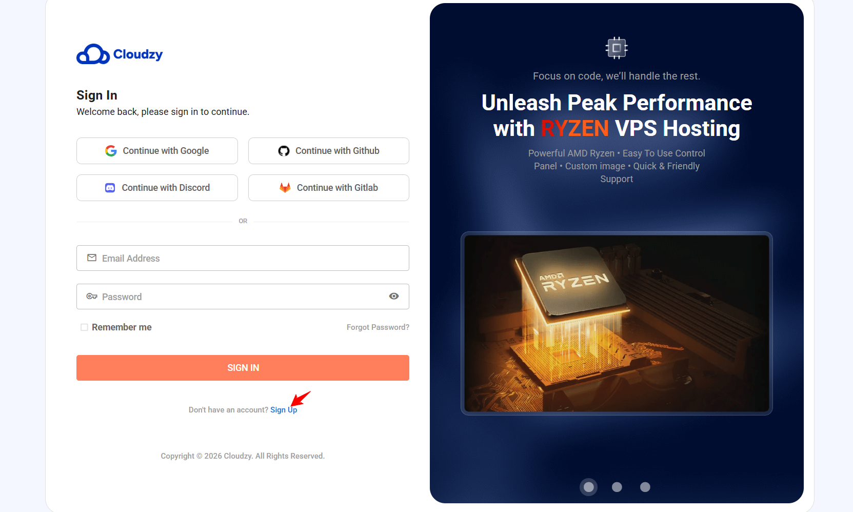 Cloudzy account sign-up page with social login options