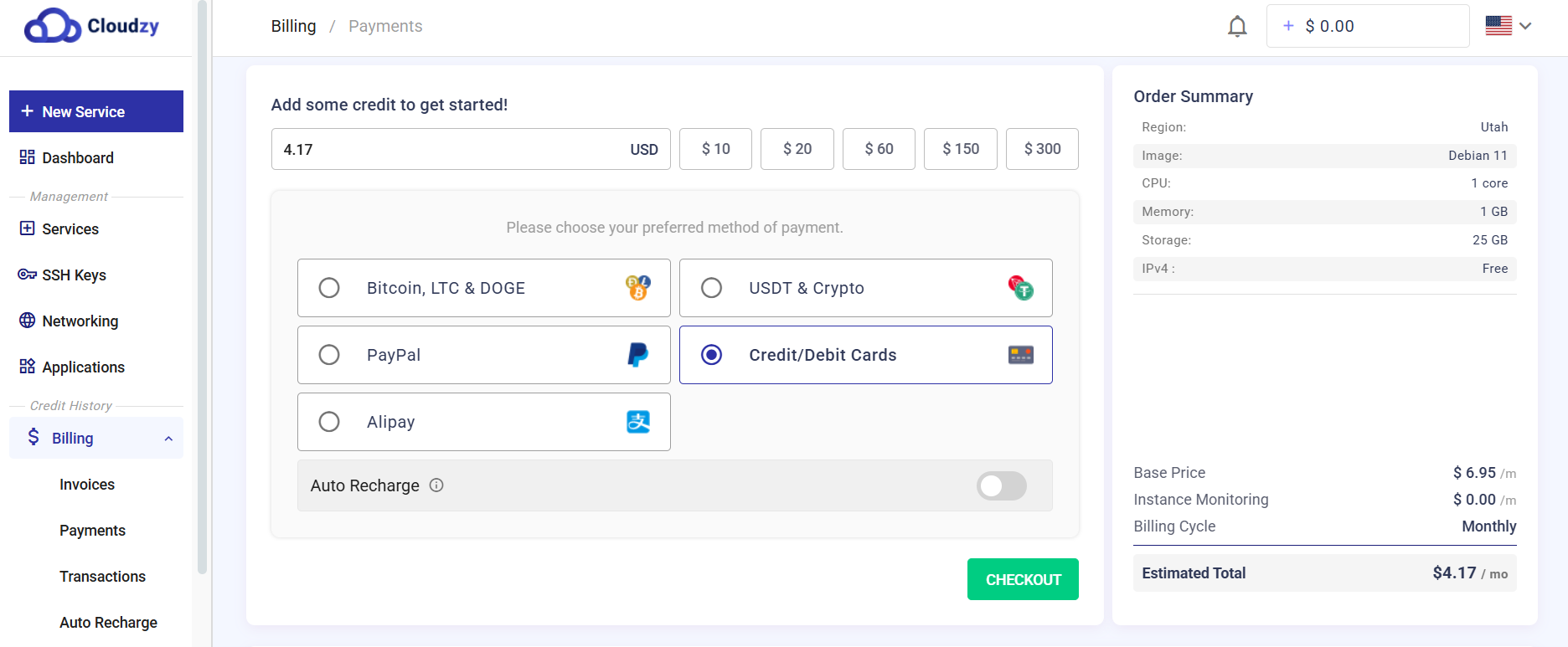 Cloudzy VPS payment and checkout screen