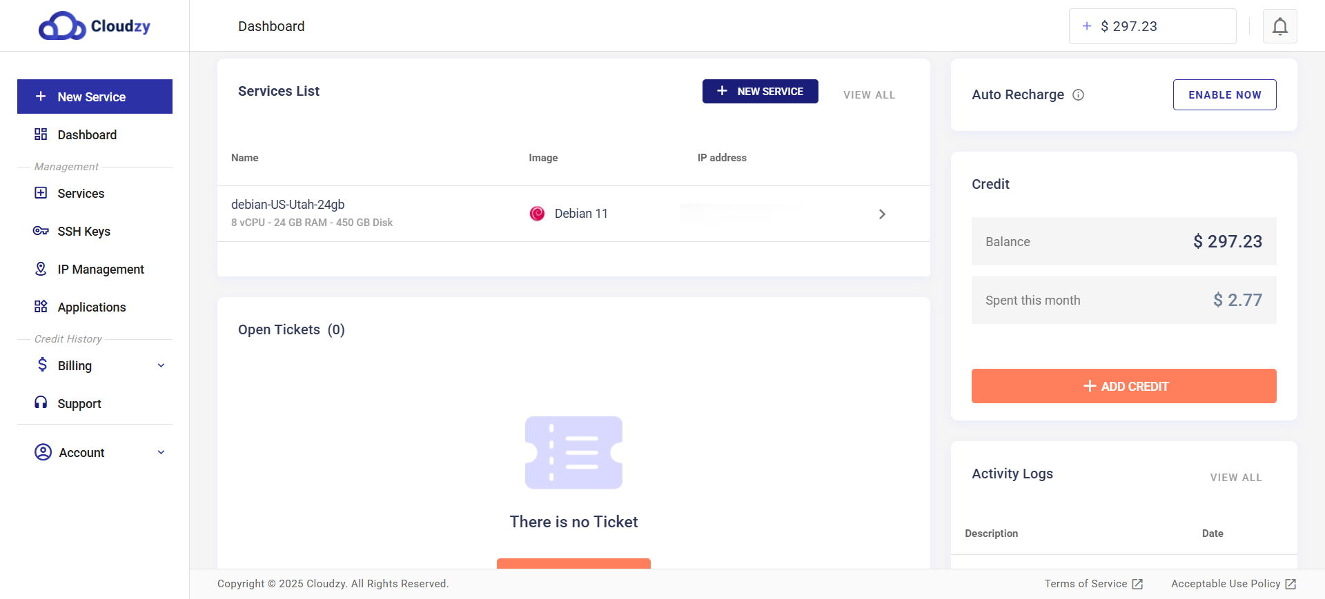 Cloudzy VPS dashboard showing services list and account activity