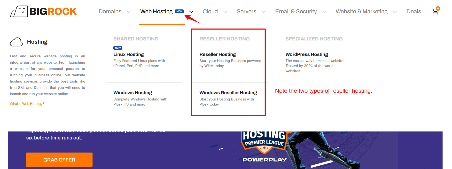 Linux と Windows の Reseller Hosting オプションを表示する BigRock Web Hosting メニュー