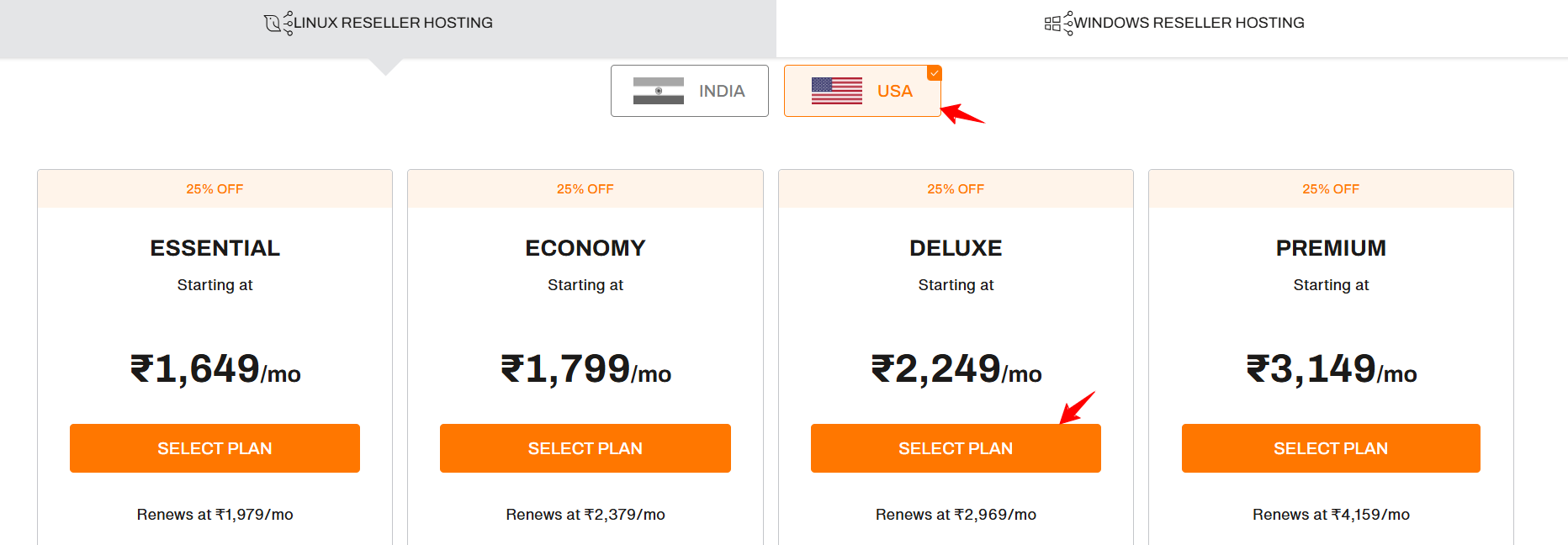 Essential、Economy、Deluxe、Premium の各プランを示す BigRock Reseller Hosting のプランカード