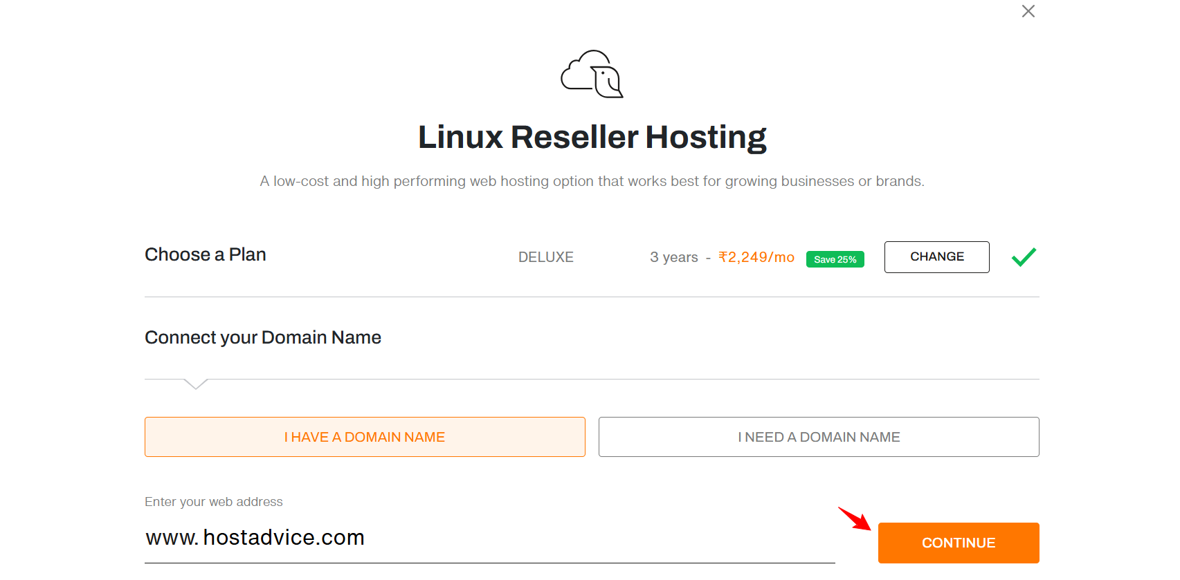 選択したプランと請求期間を表示する BigRock Reseller Hosting のサインアップモーダル