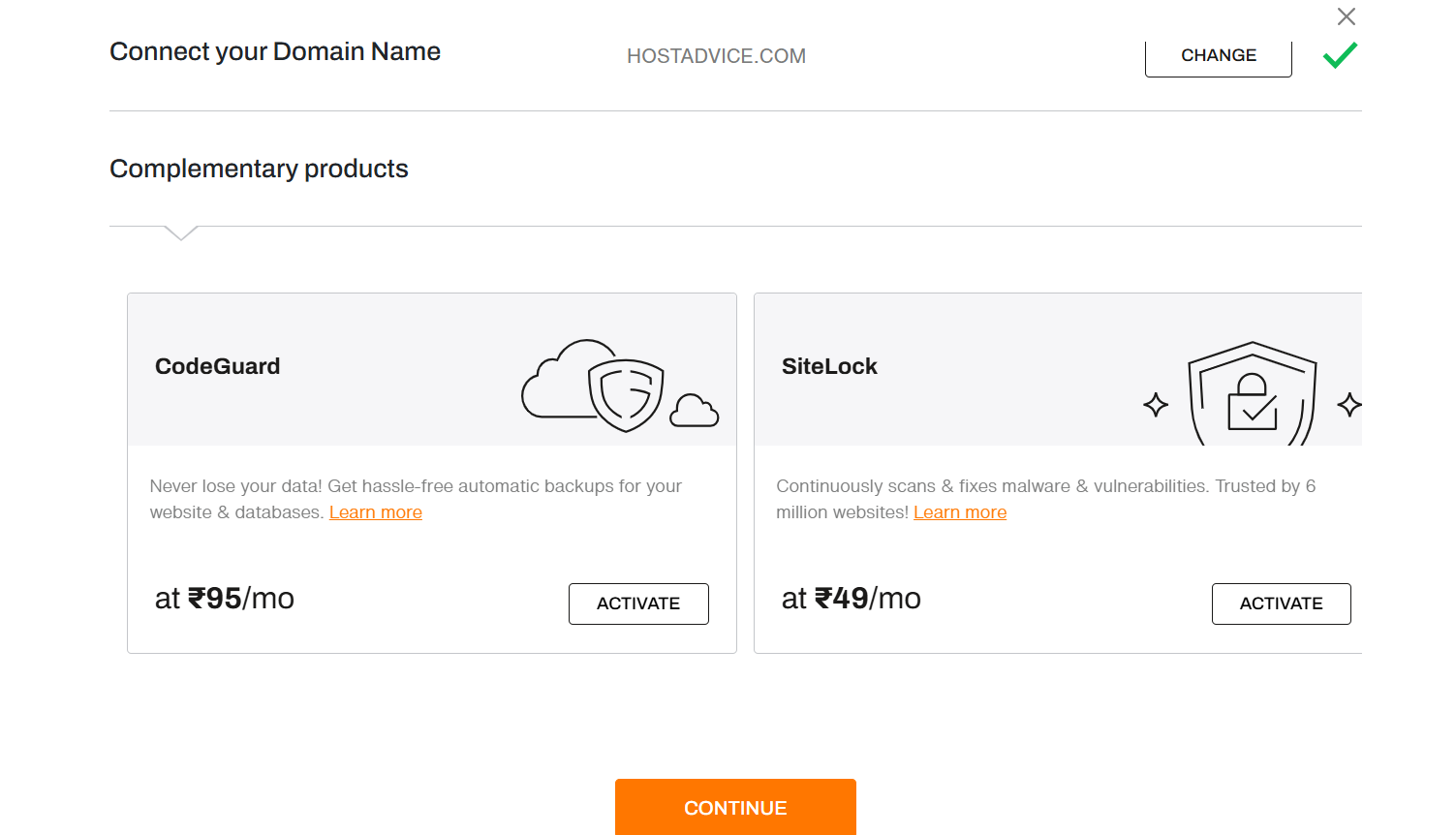 CodeGuard と SiteLock のアドオンオプションを表示する BigRock のサインアップモーダル