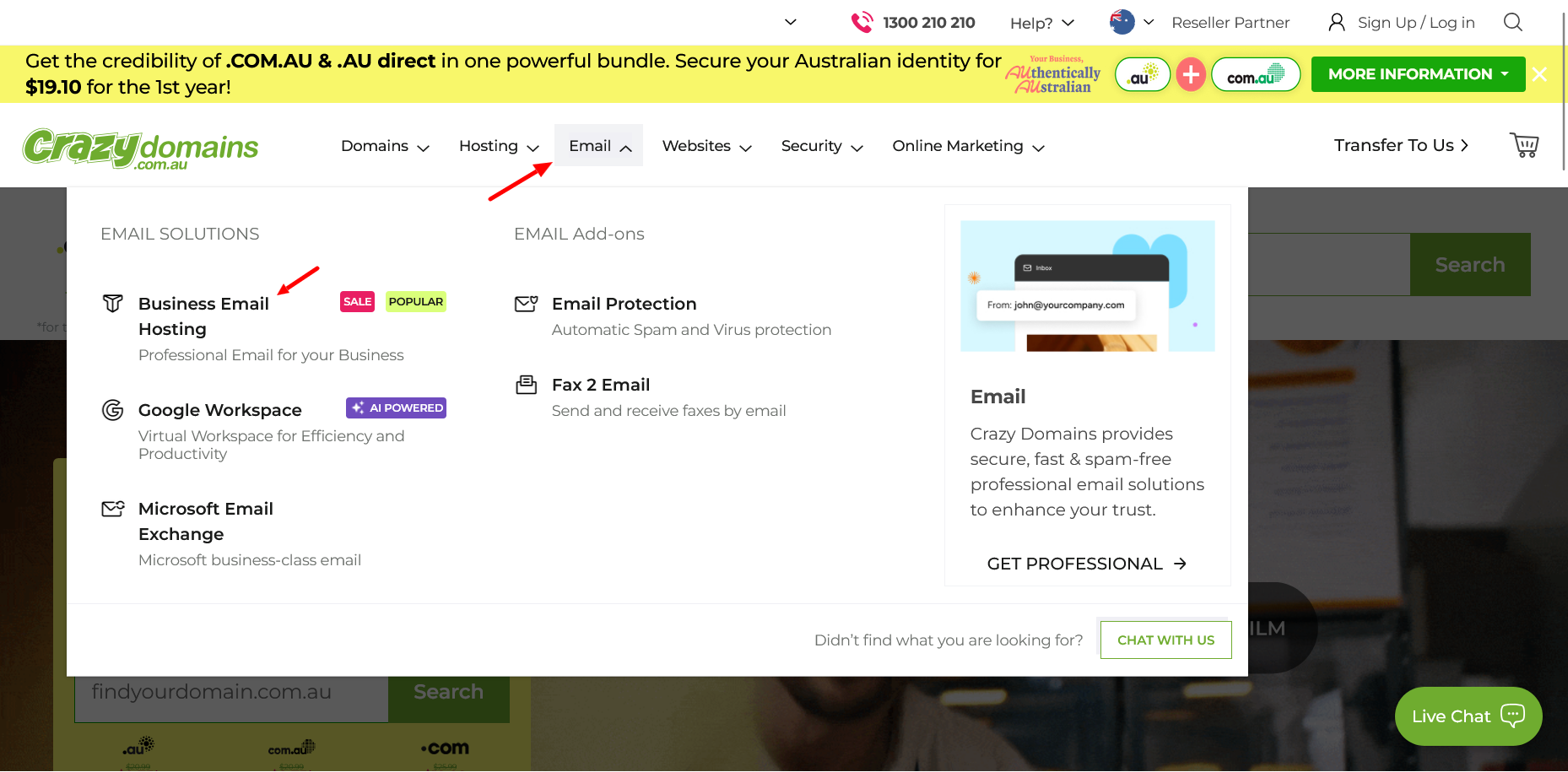 Crazy Domains Email dropdown showing Business Email Hosting option