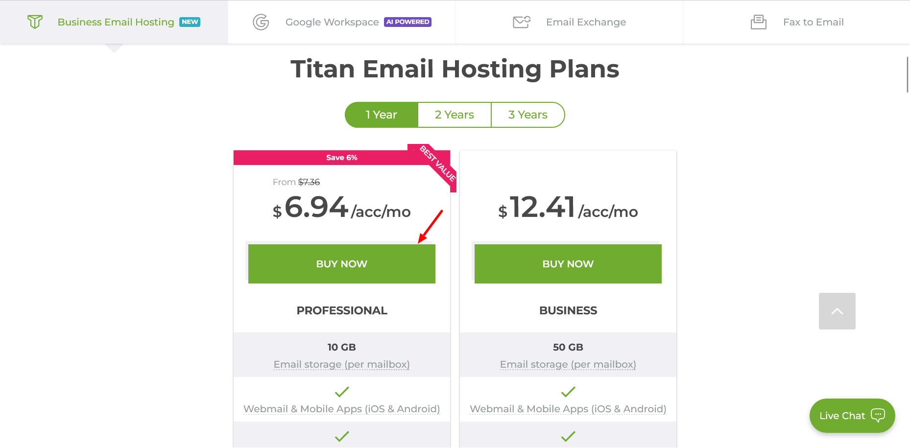 Crazy Domains Business Email Hosting plans page with Professional and Business plans