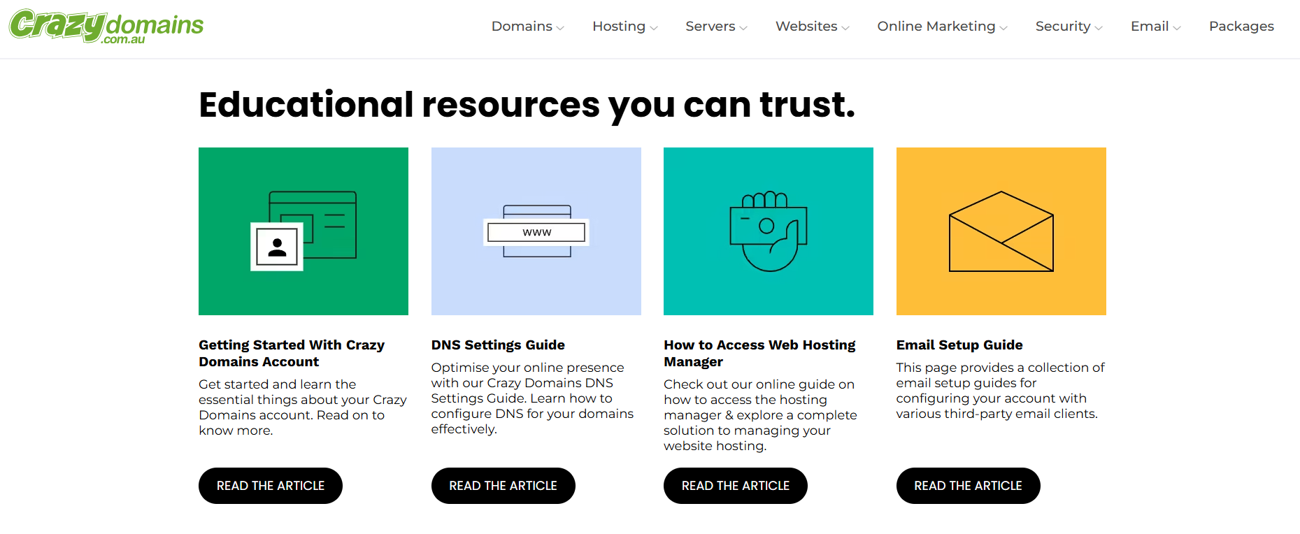 Crazy Domains Help Center homepage with featured articles and email support categories