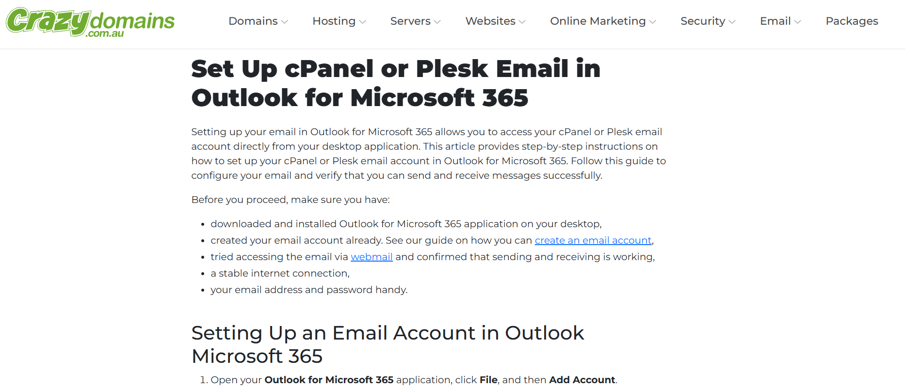 Crazy Domains email setup guide showing Outlook configuration instructions