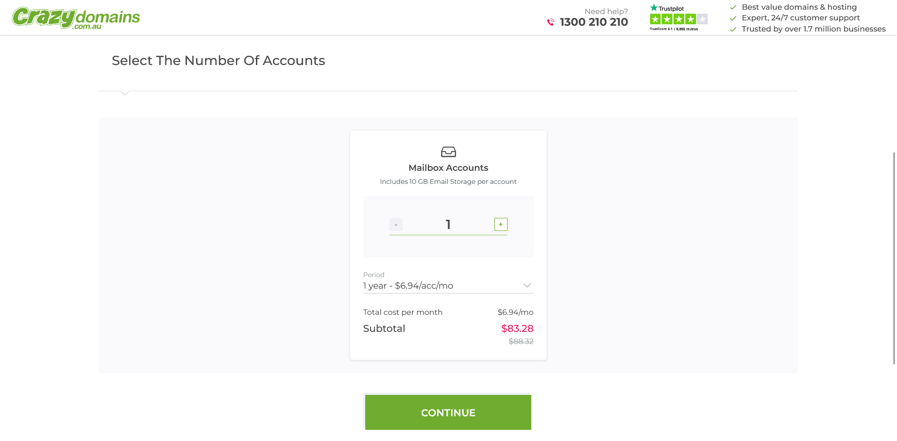 Crazy Domains mailbox account configuration screen with account count and billing period