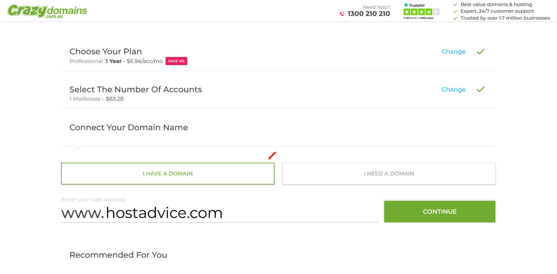 Crazy Domains domain connection step for existing domain during email hosting signup