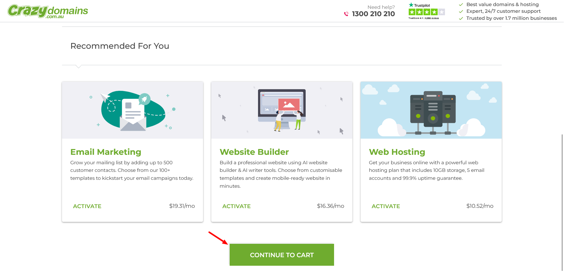 Crazy Domains recommended add-ons section with Email Marketing Website Builder and Web Hosting