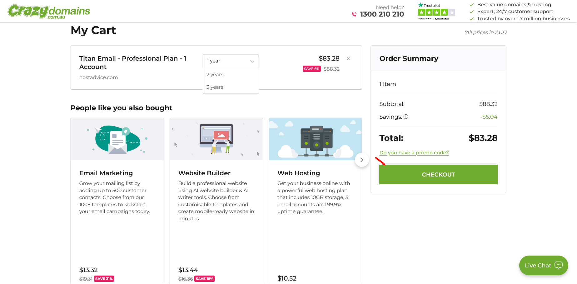 Crazy Domains cart page showing Titan Email Professional plan and order summary