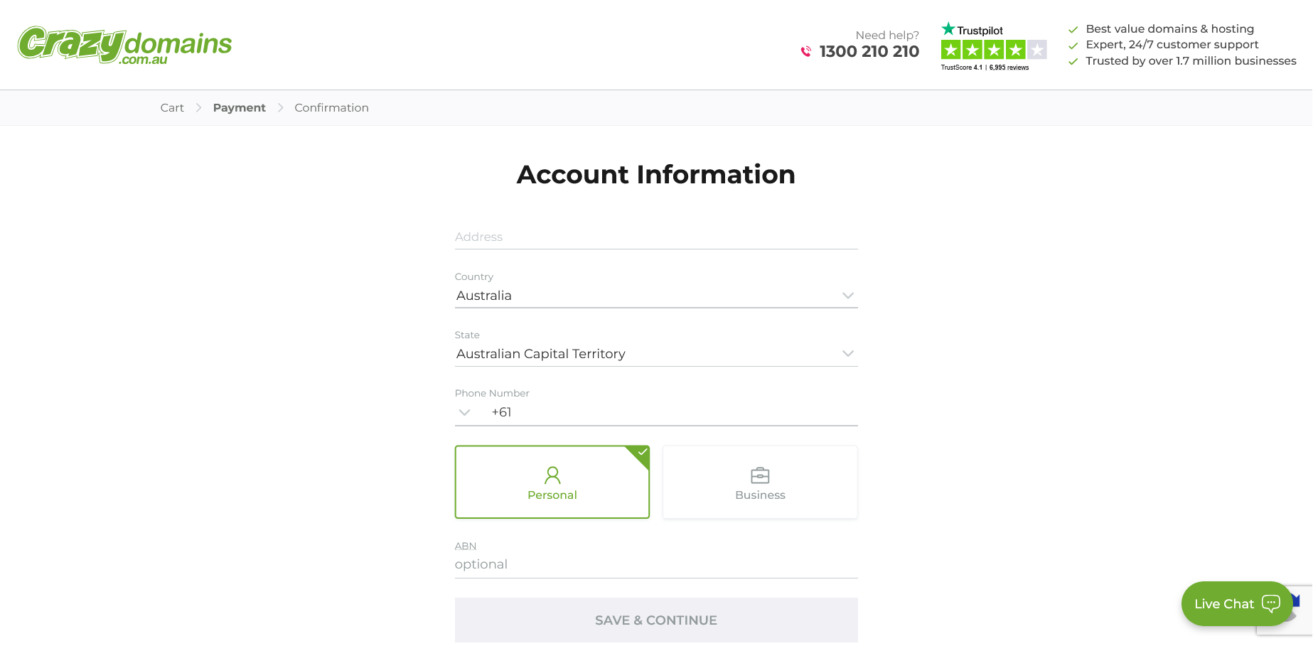 Crazy Domains account information page with personal and business account type options
