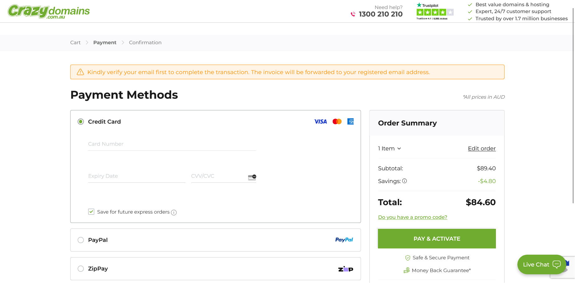 Crazy Domains payment page with credit card PayPal and ZipPay options