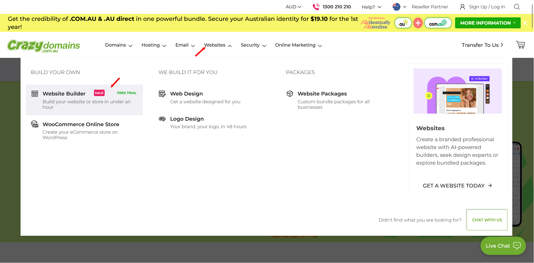 Crazy Domains Websites dropdown showing Website Builder option