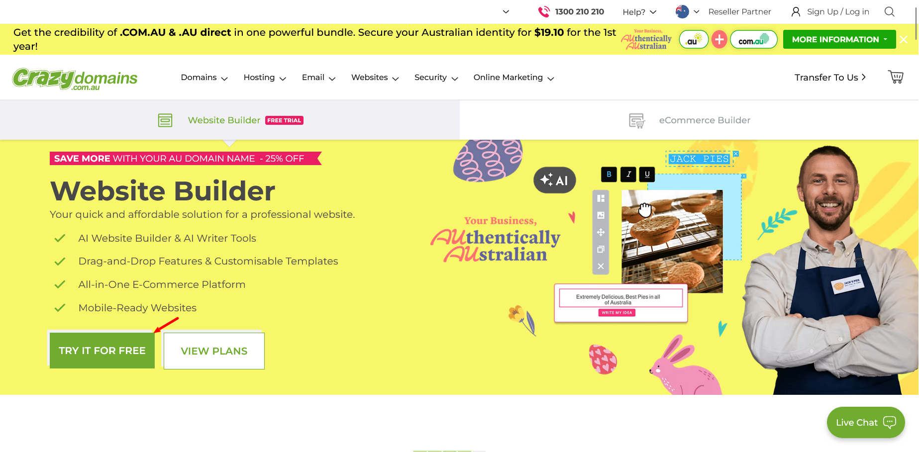 Crazy Domains Website Builder landing page with Try It For Free button