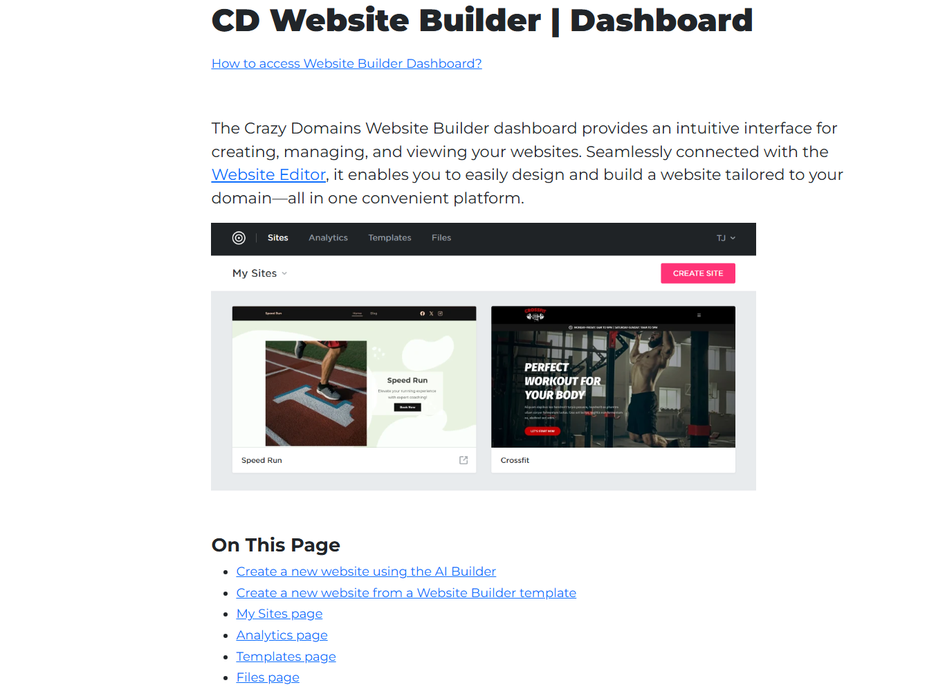 Crazy Domains Help Center article covering Website Builder setup steps