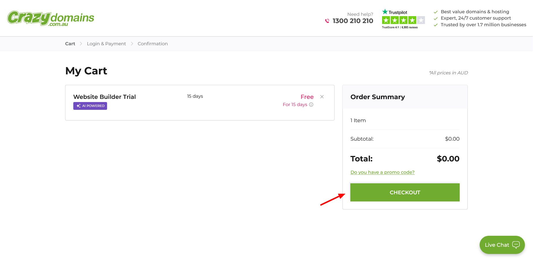 Crazy Domains cart showing free Website Builder Trial