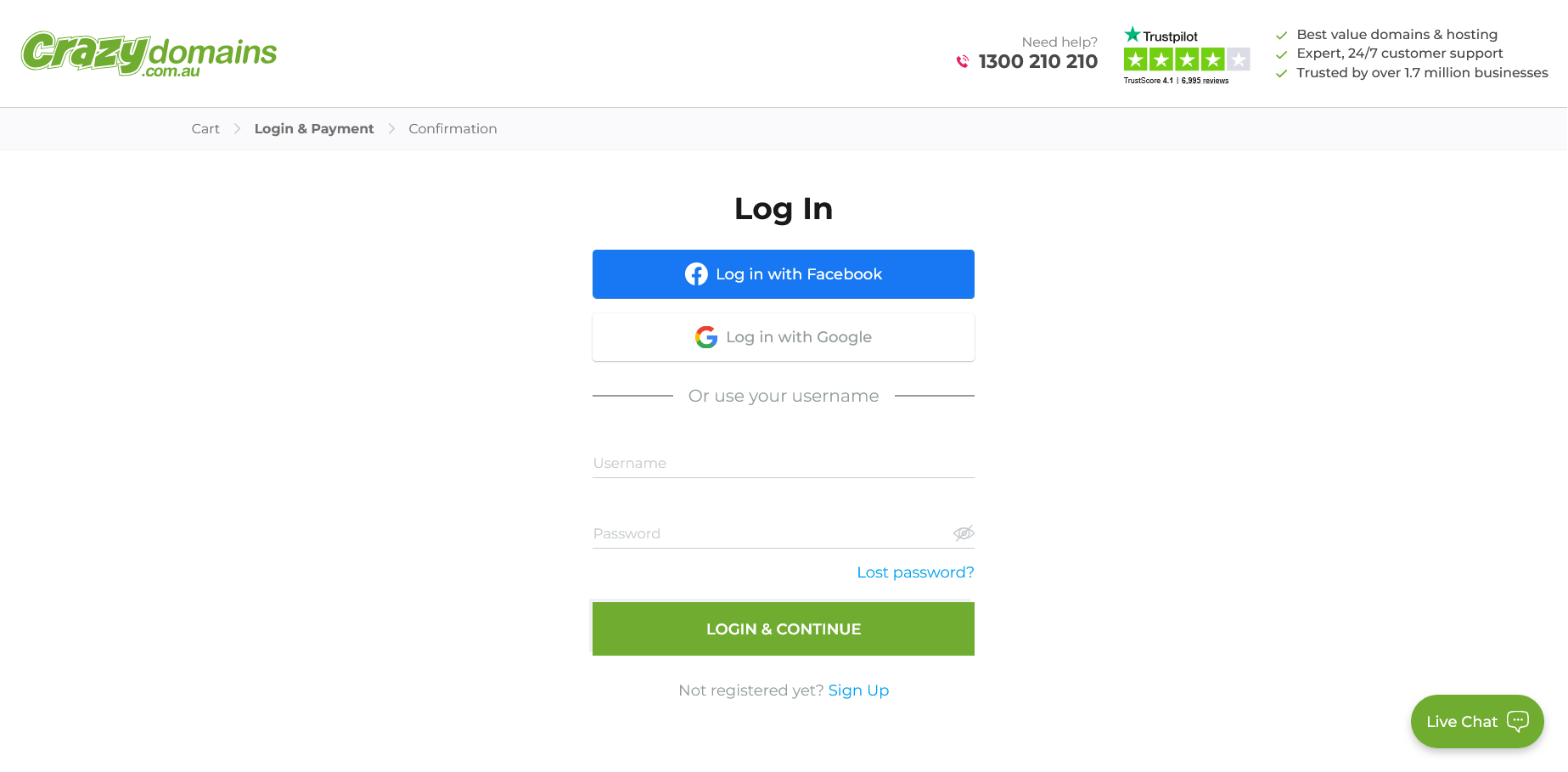 Crazy Domains login and payment step during Website Builder trial checkout