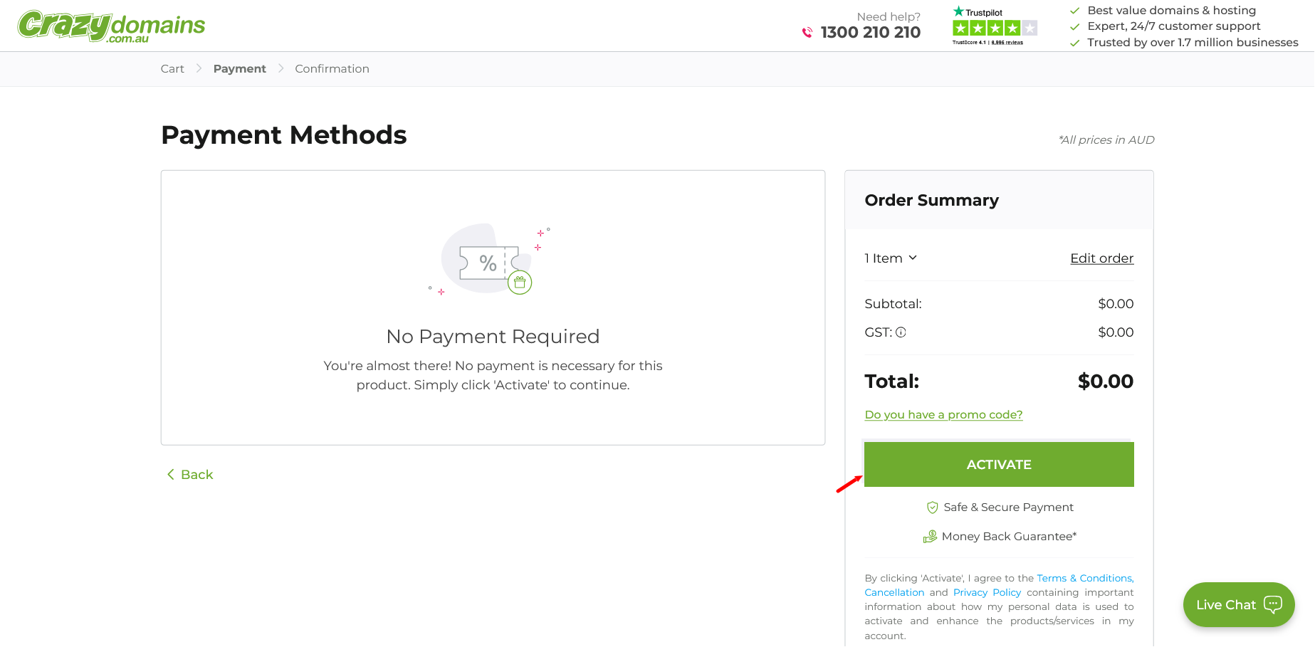Crazy Domains no payment required activation page for Website Builder trial