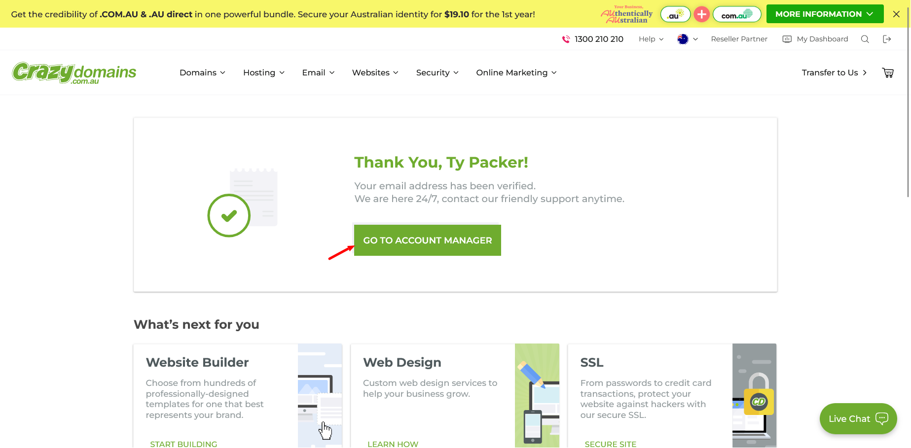 Crazy Domains account confirmation page after Website Builder trial activation