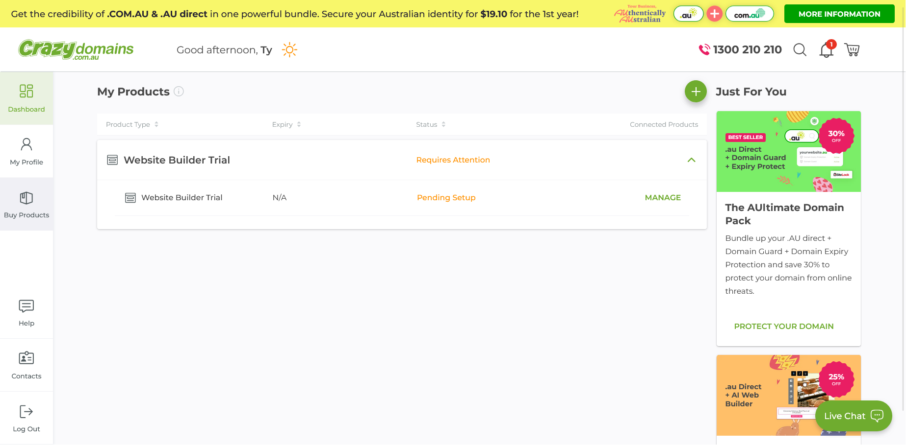 Crazy Domains dashboard showing Website Builder Trial requires attention status