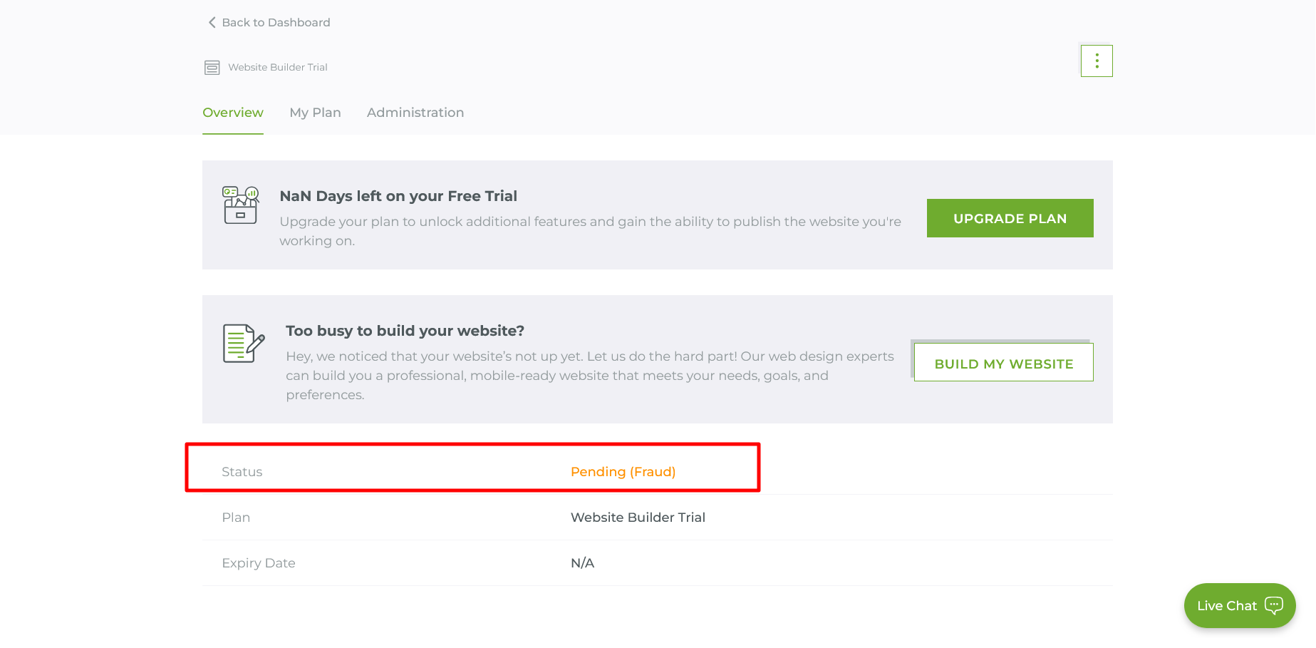 Crazy Domains Website Builder product overview showing Pending Fraud status