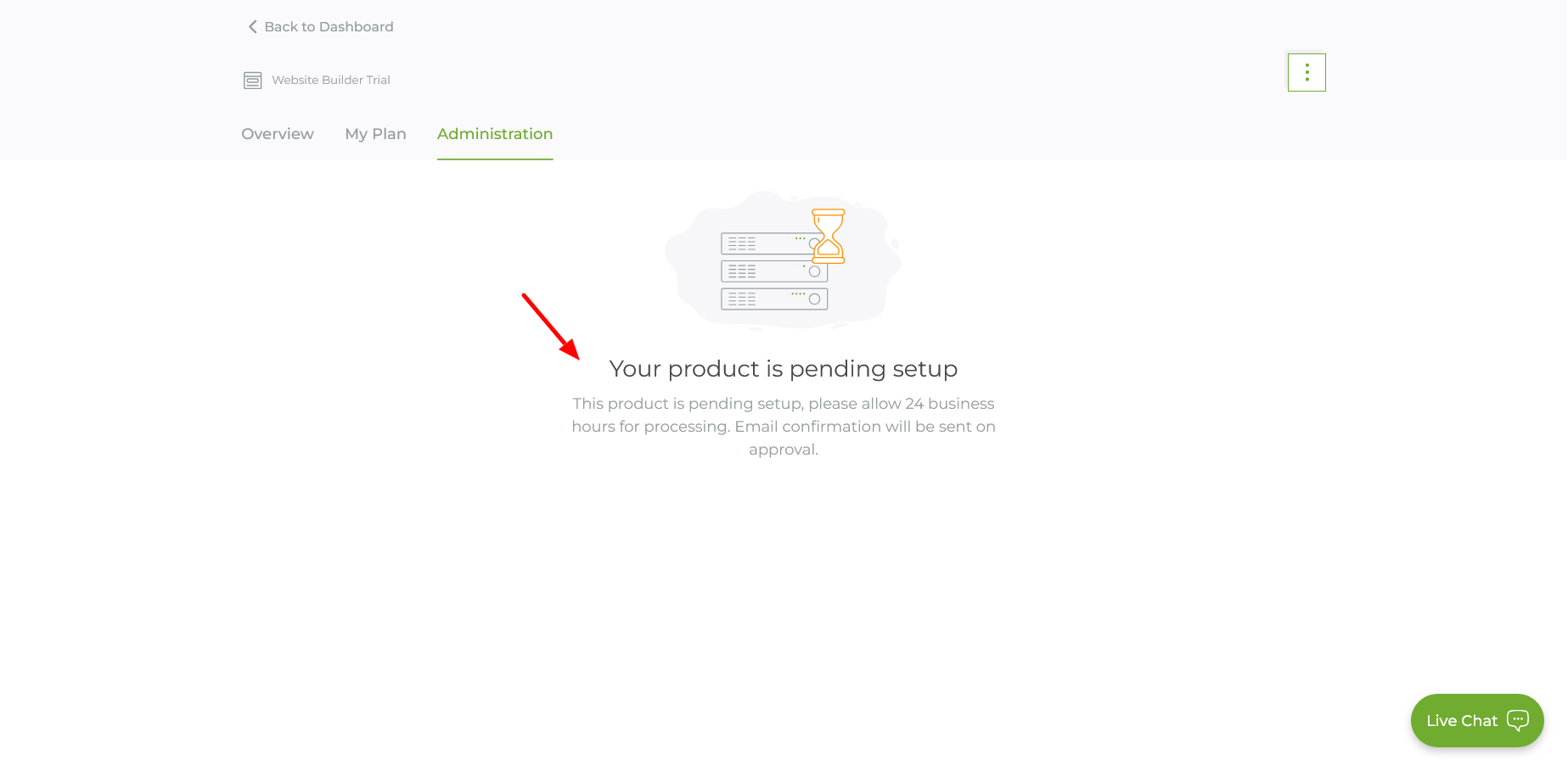 Crazy Domains Administration tab showing product pending setup message