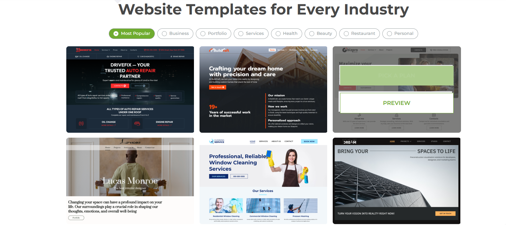 Crazy Domains Website Builder template selection screen