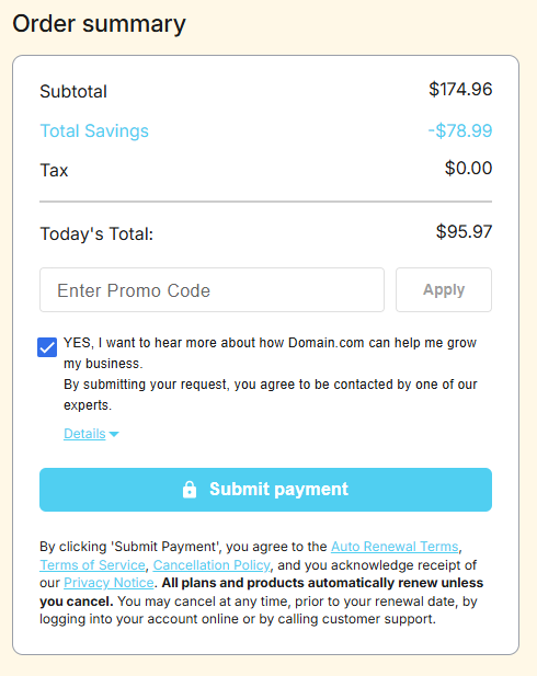 Domain.com renewal coupon checkout promo code box
