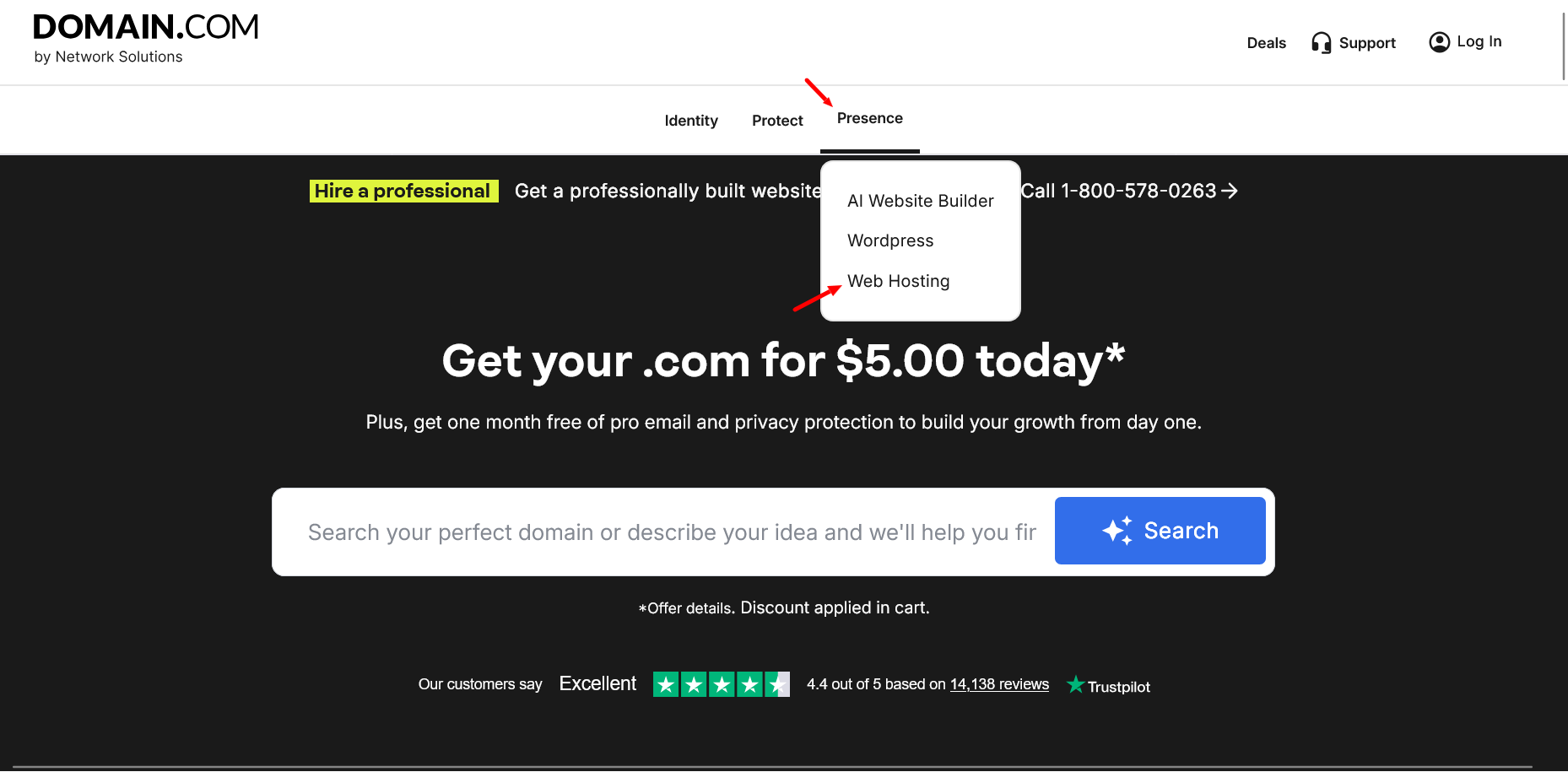 Domain.com Presence-Menü mit den Optionen AI Website Builder, WordPress und Web Hosting
