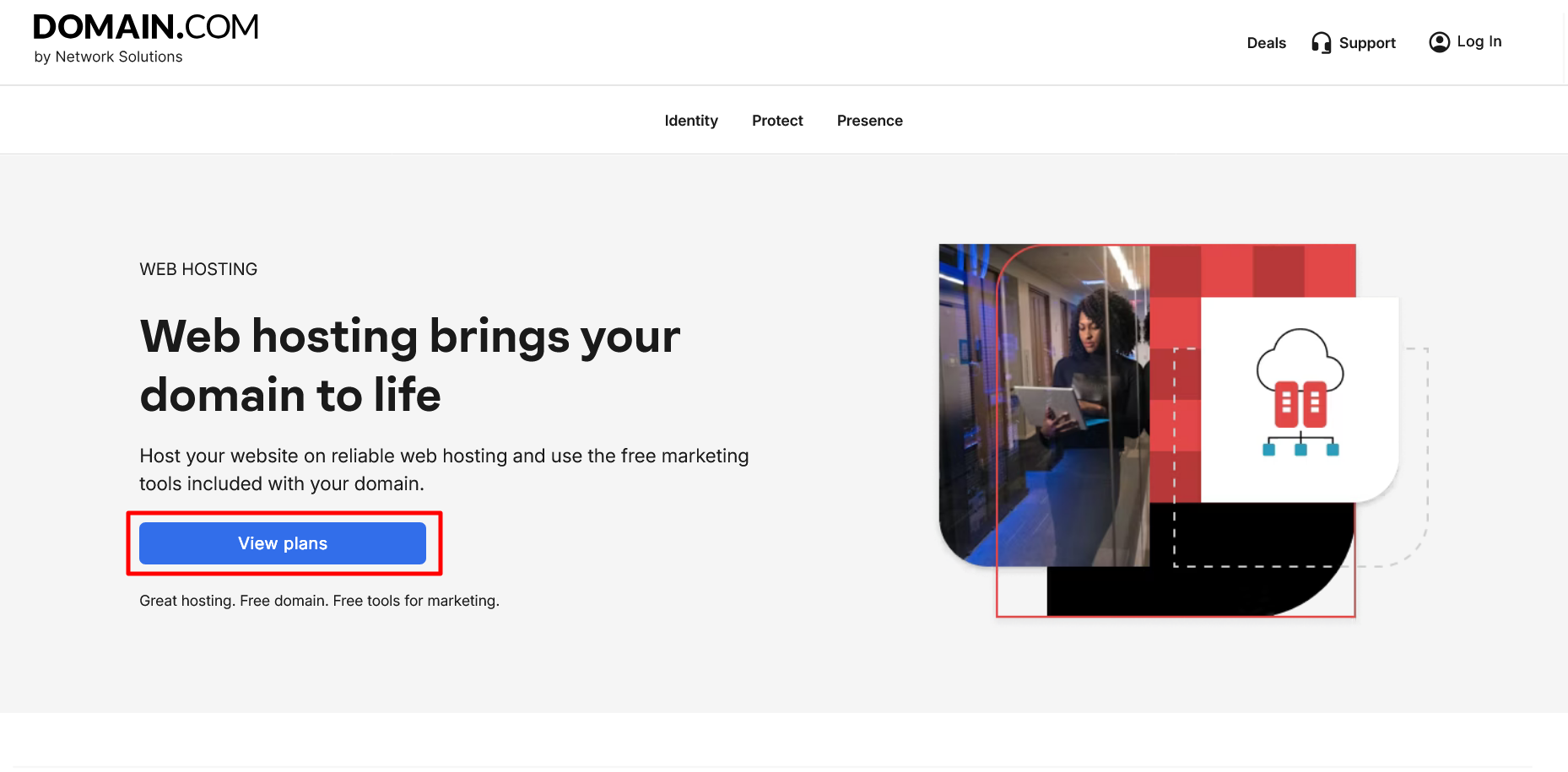 Domain.com Web-Hosting-Landingpage mit dem Button View plans