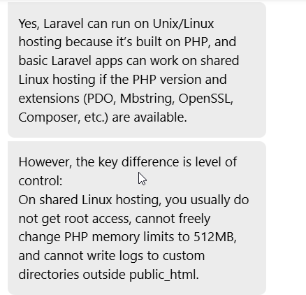 Domain.com Live-Chat-Antwort zu den Laravel-Hosting-Einschränkungen auf Shared Hosting