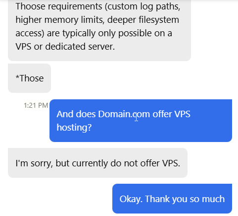 Domain.com Live-Chat-Antwort bestätigt, dass VPS-Hosting nicht verfügbar ist