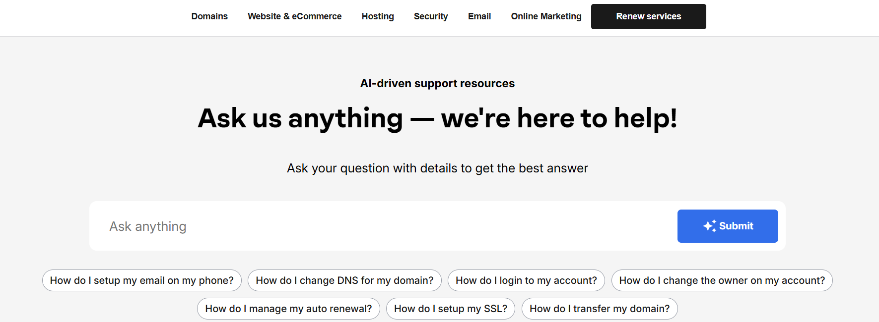 Startseite der Network Solutions Knowledge Base, die für den Support von Domain.com verwendet wird