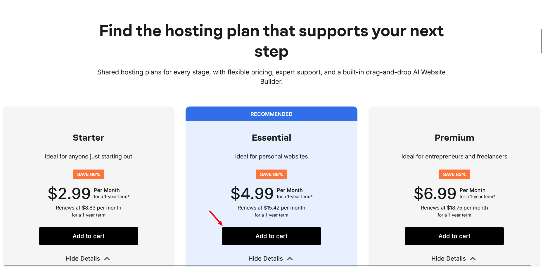 Domain.com Tarifauswahlseite mit den Plänen Starter Essential und Premium